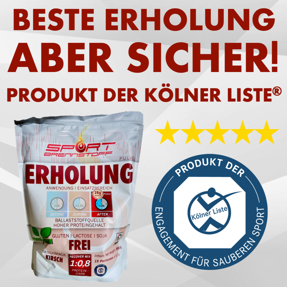 Alt-Text (Deutsch):
SportBrennstoff ERHOLUNG – sicheres Regenerationsprodukt auf Kölner Liste®