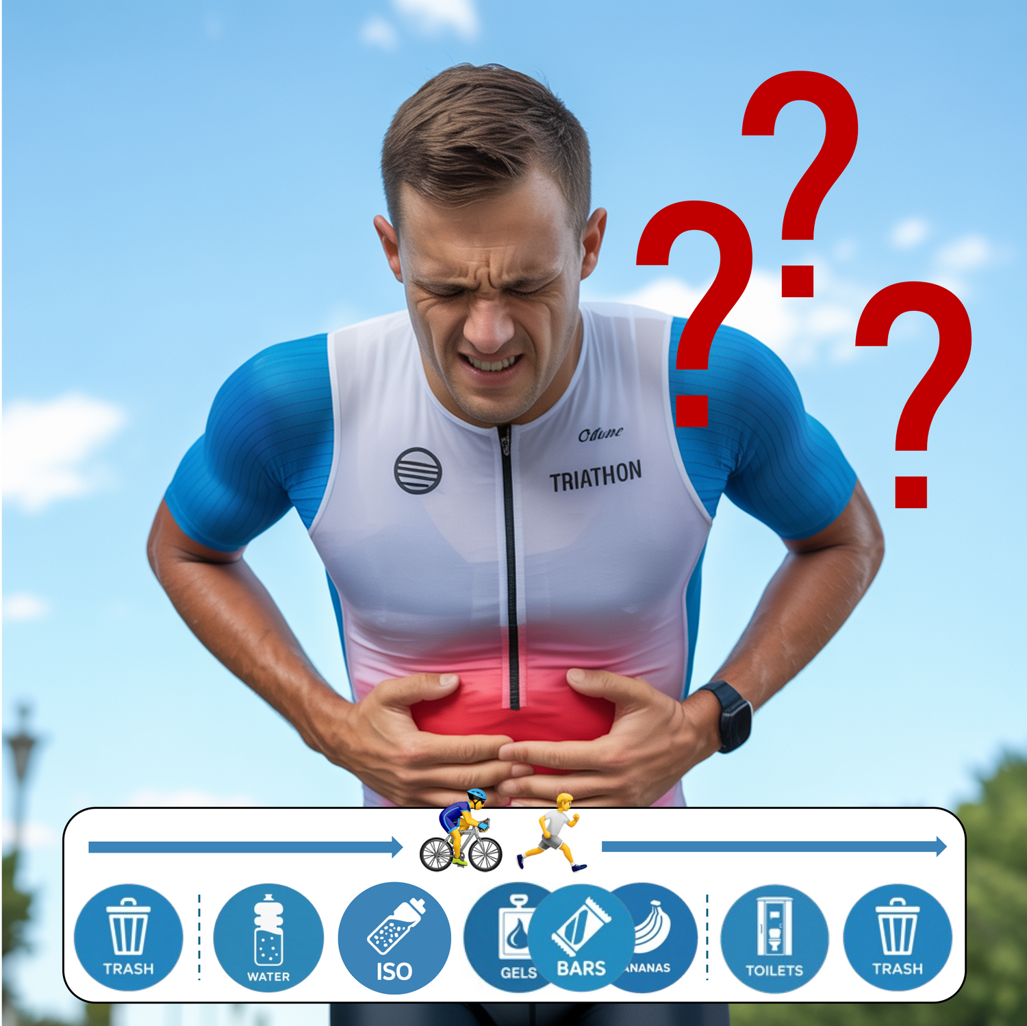 Alt-Text (Deutsch):  
Triathlet mit Bauchschmerzen vor Verpflegungszone – Mysterium Ernährung.