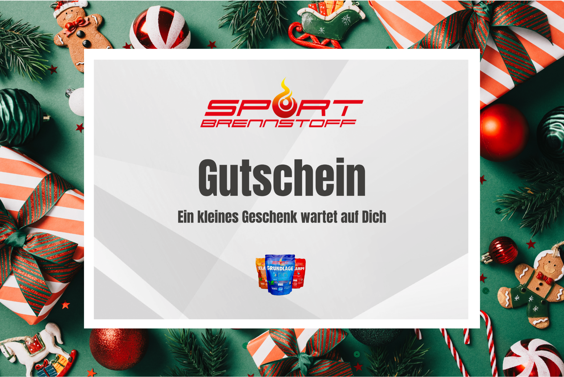 SportBrennstoff GUTSCHEIN – Ideal für Sportler, präsentiert auf weihnachtlichem Hintergrund mit Geschenken und Dekorationen. Perfekt als Geschenkidee für Sportnahrung und Zubehör.