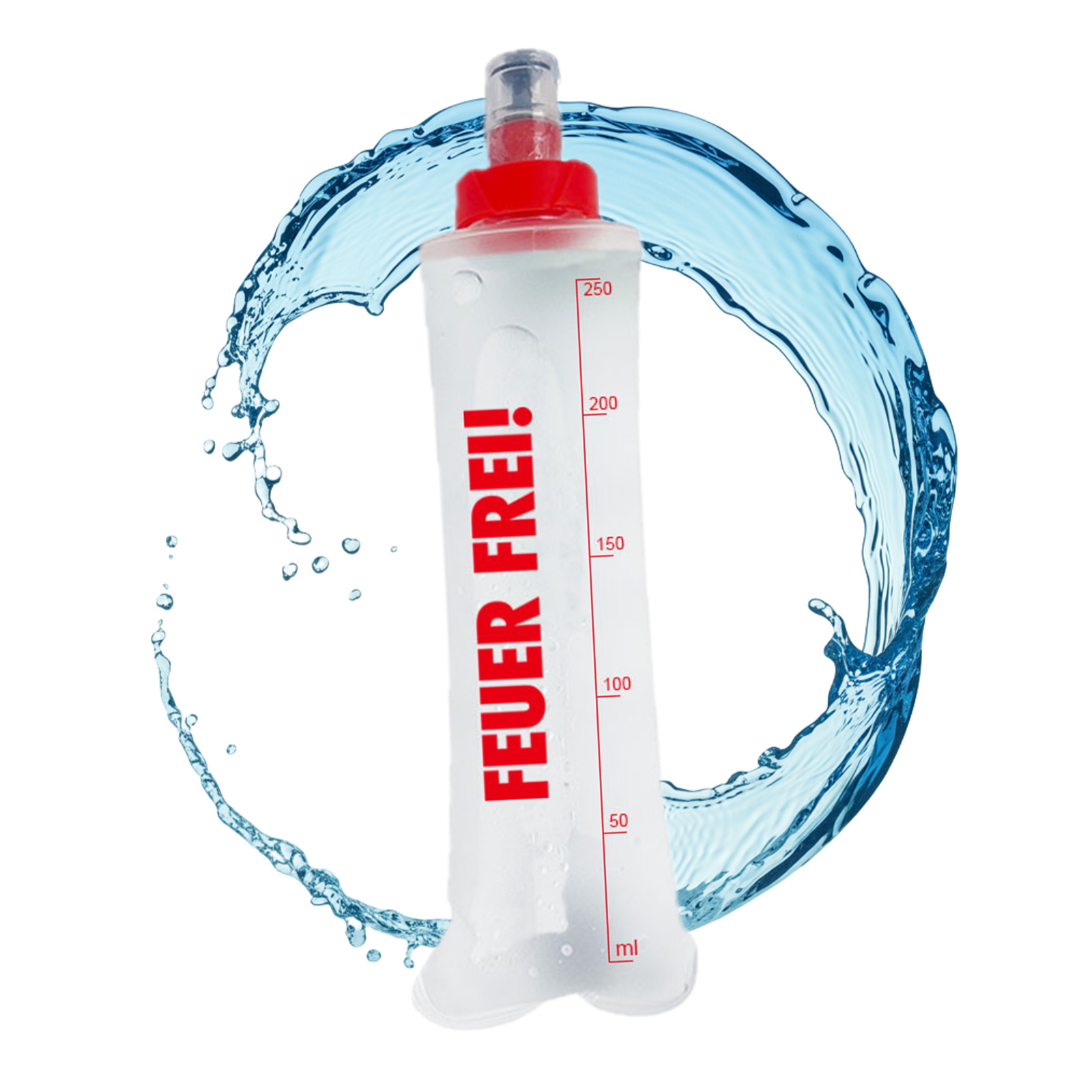 SportBrennstoff BEGLEITER - Trinkflasche mit rotem Verschluss und Aufdruck 'FEUER FREI!', flexibel und tropfsicher für Outdoor-Aktivitäten.
