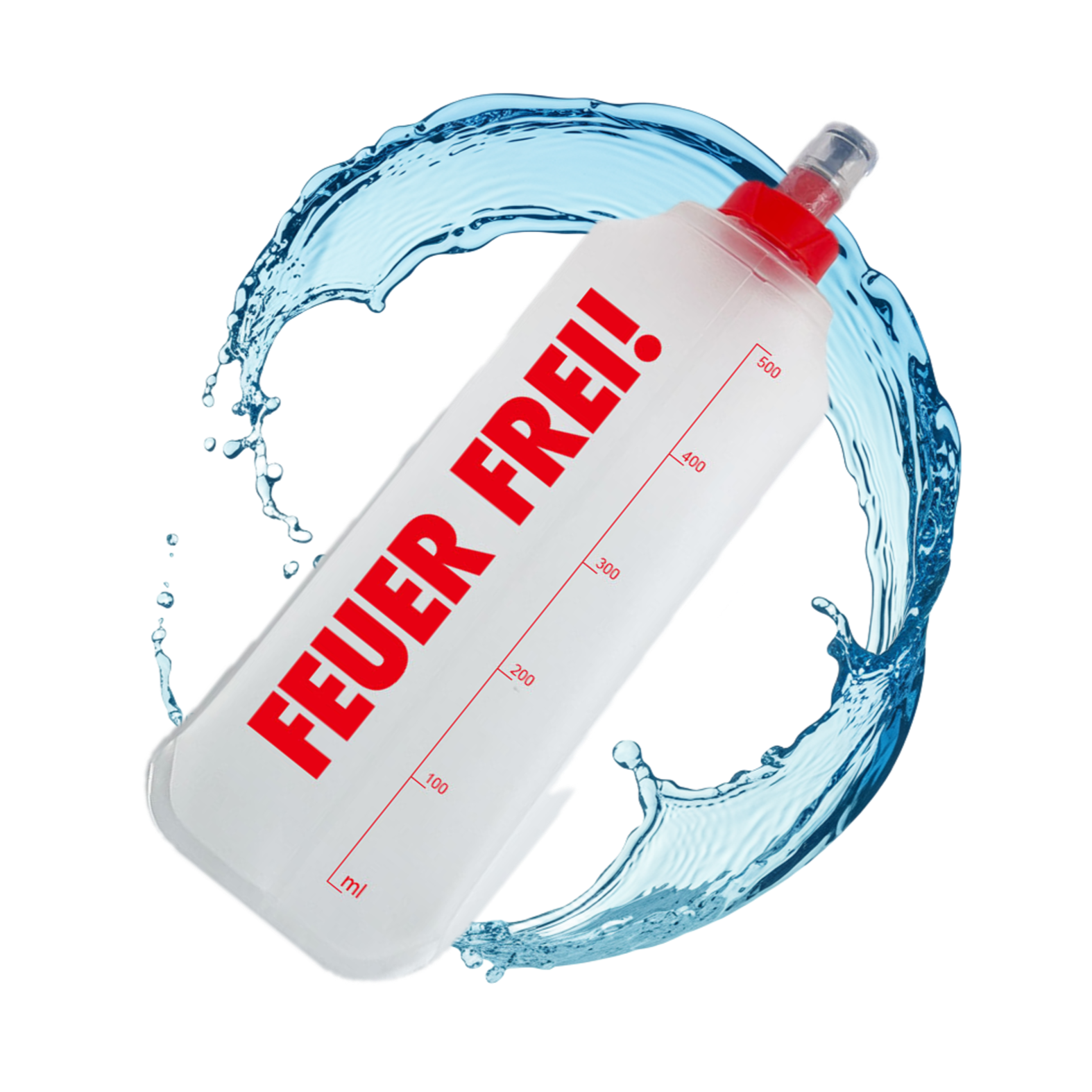 SportBrennstoff BEGLEITER - Trinkflasche mit rotem Aufdruck 'FEUER FREI!', flexibel, tropfsicher und ideal für Outdoor-Aktivitäten.