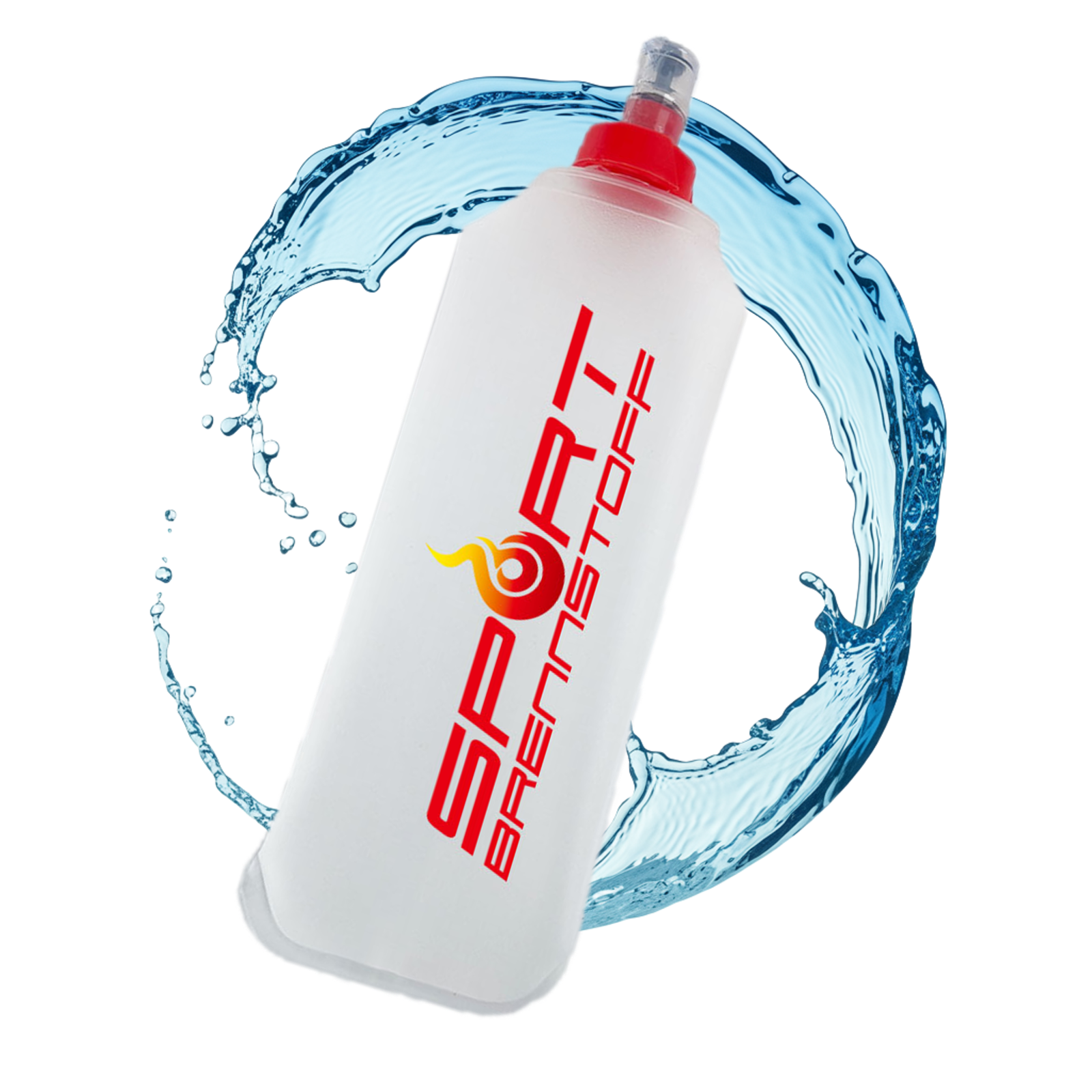 SportBrennstoff BEGLEITER - Trinkflasche mit rotem Verschluss, flexibel und tropfsicher, ideal für Outdoor-Aktivitäten und Radsport.