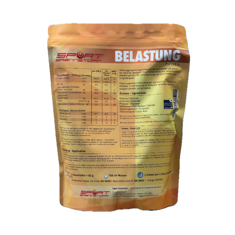 SportBrennstoff BELASTUNG Pulver für effizientes Training, Rückseite mit Nährwertangaben und Anwendungshinweisen, ideal für mittlere Belastung