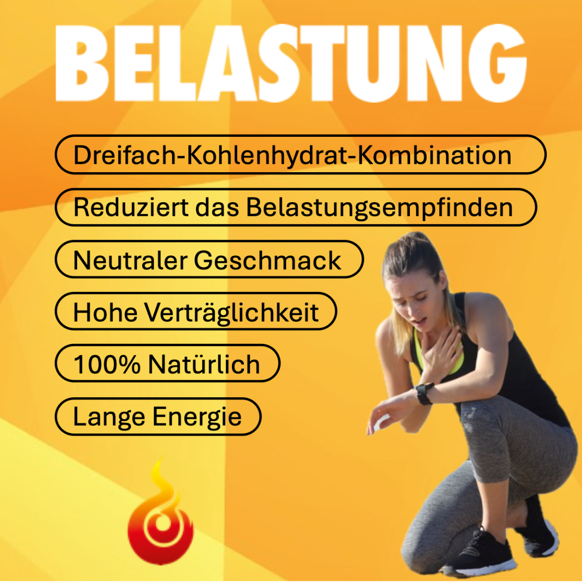 Effizientes Training mit Sportbrennstoff Belastungspulver: Frau beim Workout mit Aufzählung der Vorteile wie Dreifach-Kohlenhydrat-Kombination und langer Energie.