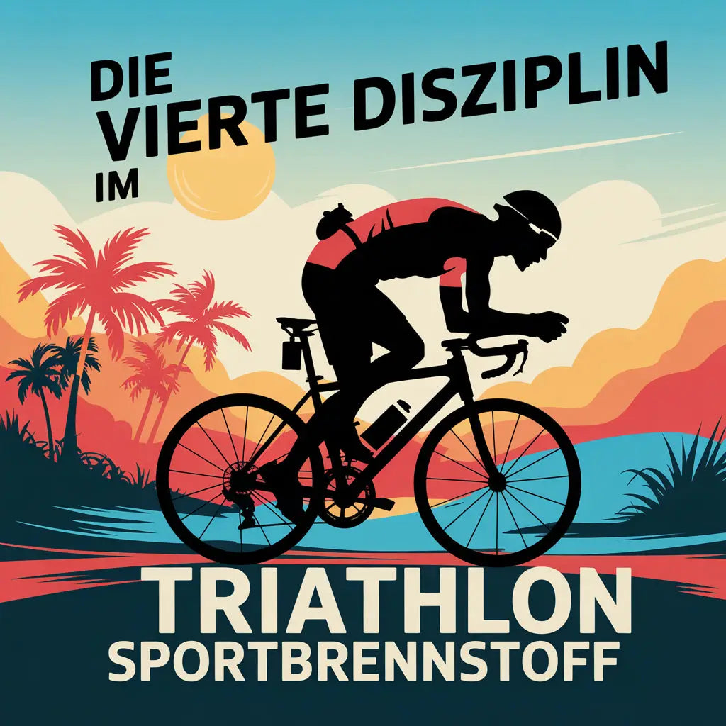 SportBrennstoff Komplettpaket kaufen - Fitnessziele erreichen: Illustration eines Triathleten auf dem Fahrrad vor tropischer Kulisse bei Sonnenuntergang. Ideal für Sportler zur Unterstützung der vierten Disziplin im Triathlon mit veganem Recovery-Drink.