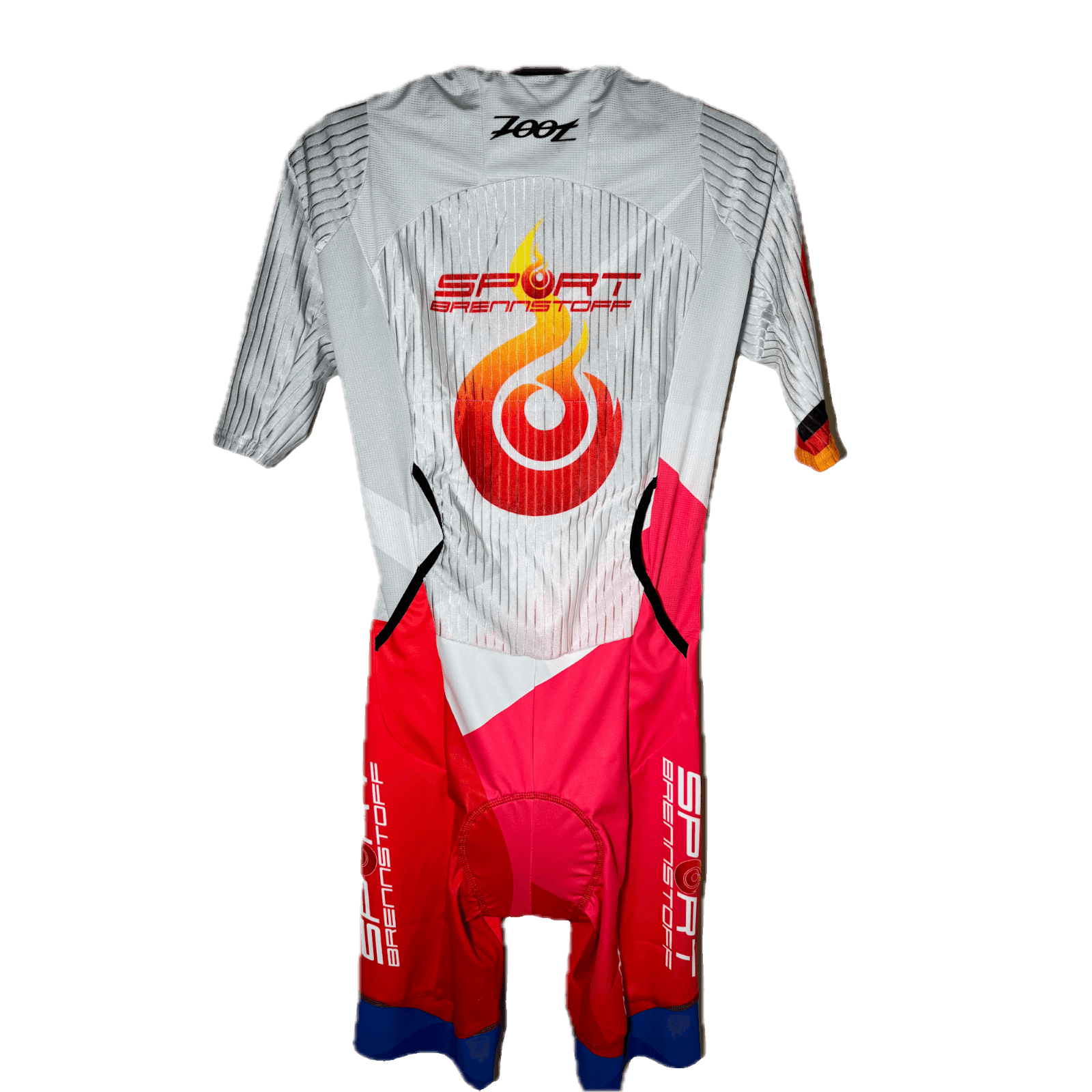 ZOOT Ultra Triathlon-Anzug – Sportbrennstoff ZOOT P1 in Weiß-Rot mit Flammenlogo, aerodynamisch geschnitten für maximale Leistung im Wettkampf.