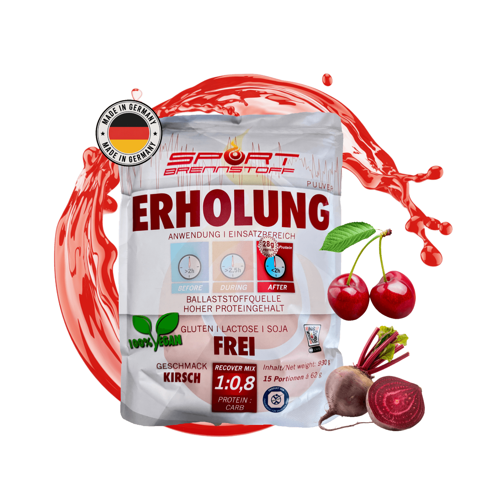 Sportbrennstoff Paket - Belastungspaket kaufen mit Kirschgeschmack, ideal für Erholung nach dem Training. Enthält 15 Portionen Pulver mit hohem Proteingehalt.