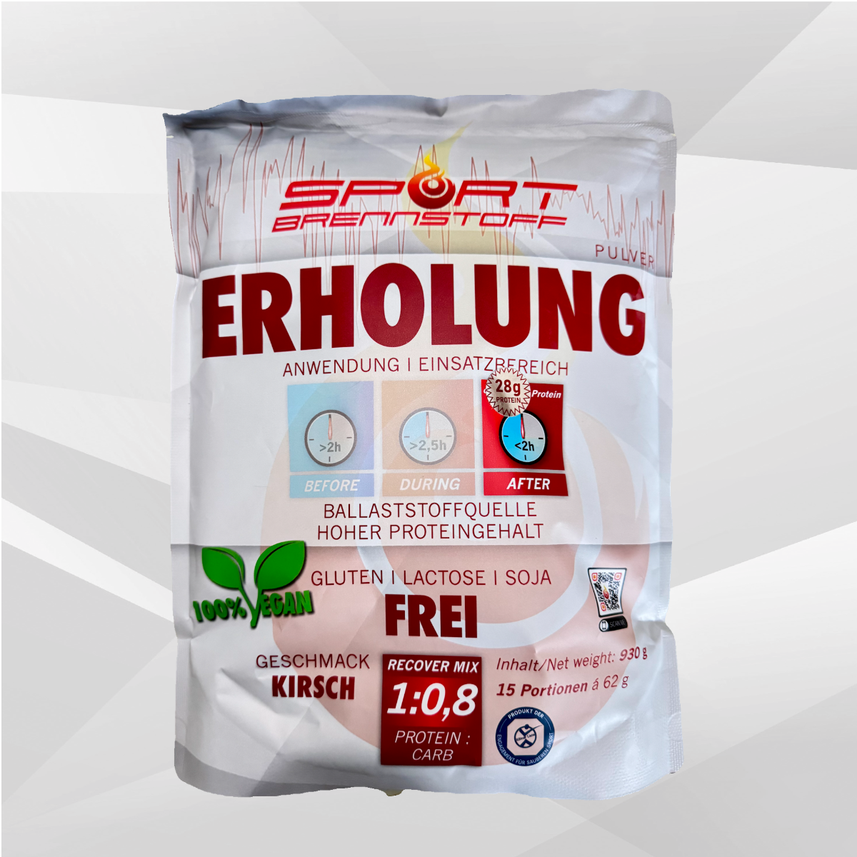 SportBrennstoff Erholung Proteinpulver Kirschgeschmack mit Proteinen, Kohlenhydraten und Mineralien für optimale Regeneration nach dem Training.