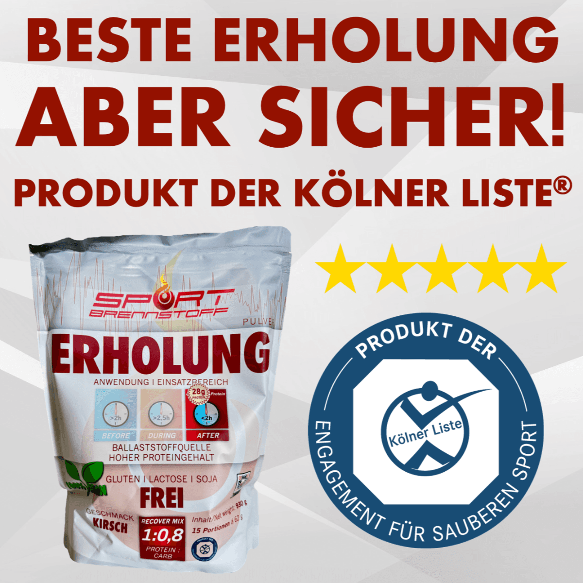 SportBrennstoff Erholung - Proteine, Kohlenhydrate und Mineralien Pulver mit Kirschgeschmack, gelistet auf der Kölner Liste für sauberen Sport.