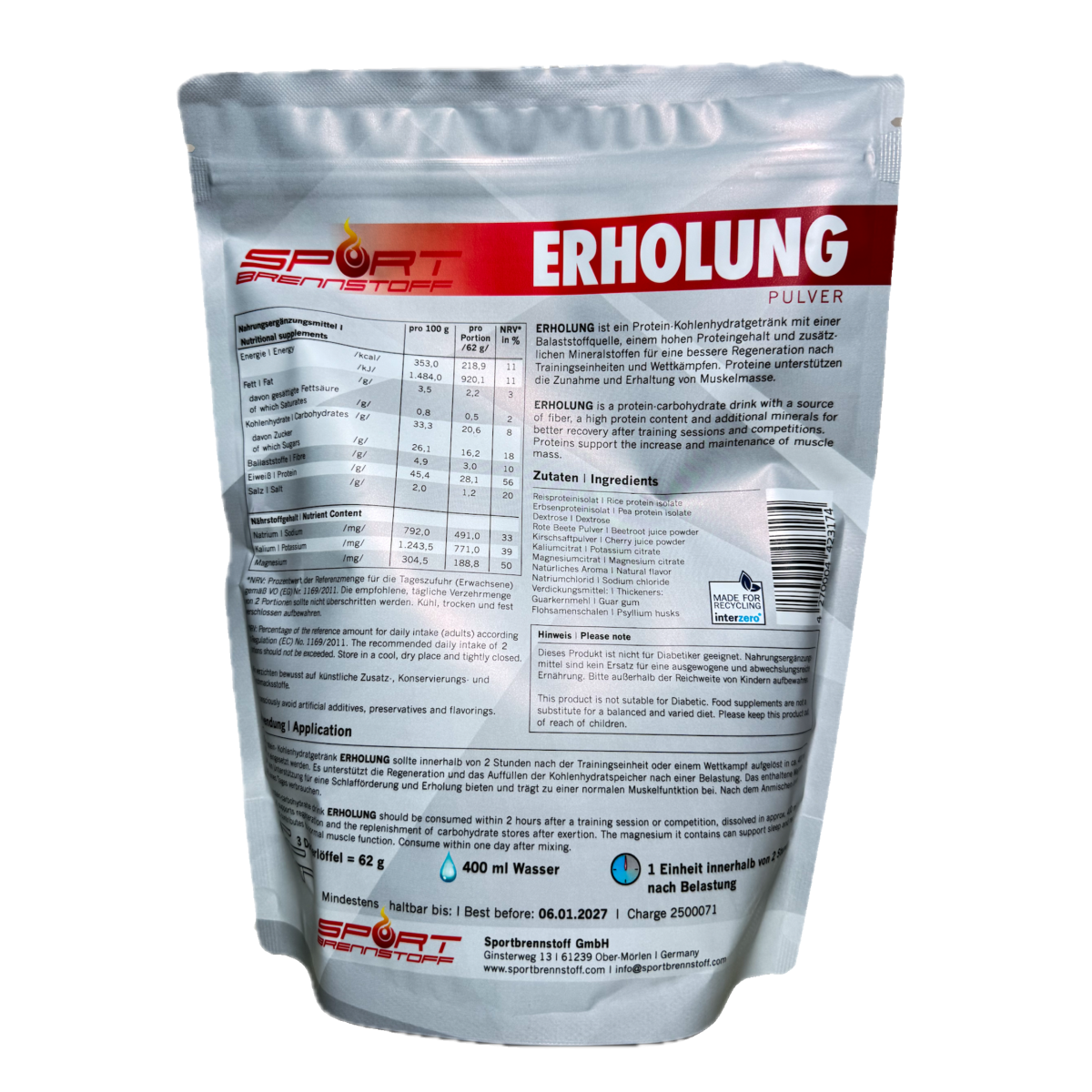 SportBrennstoff Erholung Pulver mit Proteinen, Kohlenhydraten und Mineralien zur Regeneration nach dem Sport, Rückseite mit Nährwertangaben.