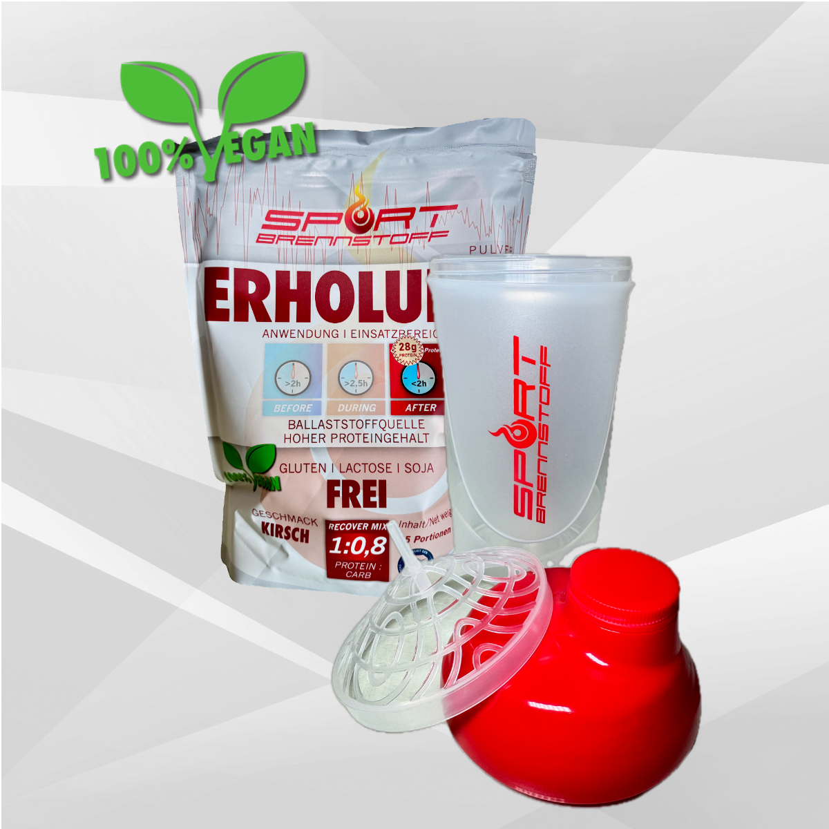 SportBrennstoff Erholung - Proteine, Kohlenhydrate und Mineralien Pulver mit Kirschgeschmack, vegan, inkl. Shaker für optimale Regeneration.