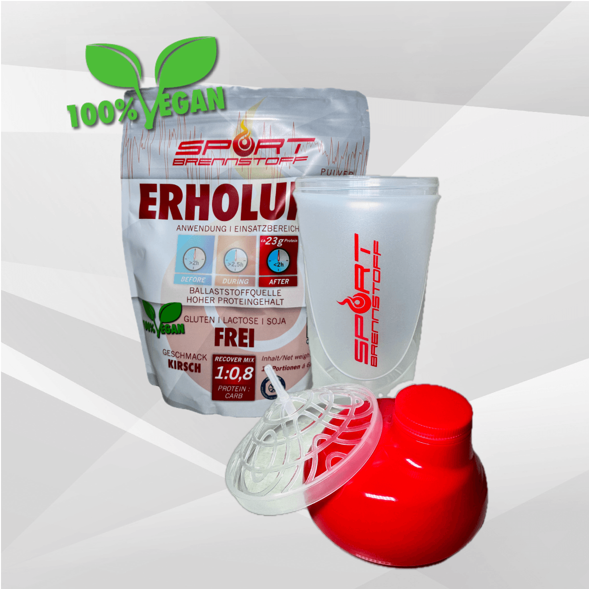 SportBrennstoff SHAKER: Dein perfekter Fitness-Begleiter mit rotem Deckel und Siebeinsatz, ideal für Proteinshakes und Smoothies unterwegs.