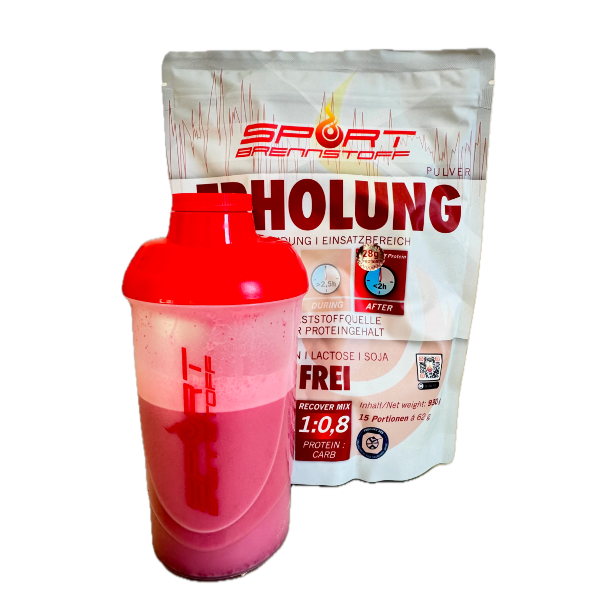 SportBrennstoff Erholung - Proteine, Kohlenhydrate und Mineralien Pulver mit rotem Shaker für optimale Regeneration nach dem Training.