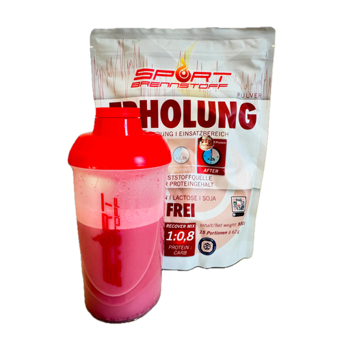 SportBrennstoff Erholung - Proteine, Kohlenhydrate und Mineralien Pulver mit rotem Shaker für optimale Regeneration nach dem Training.