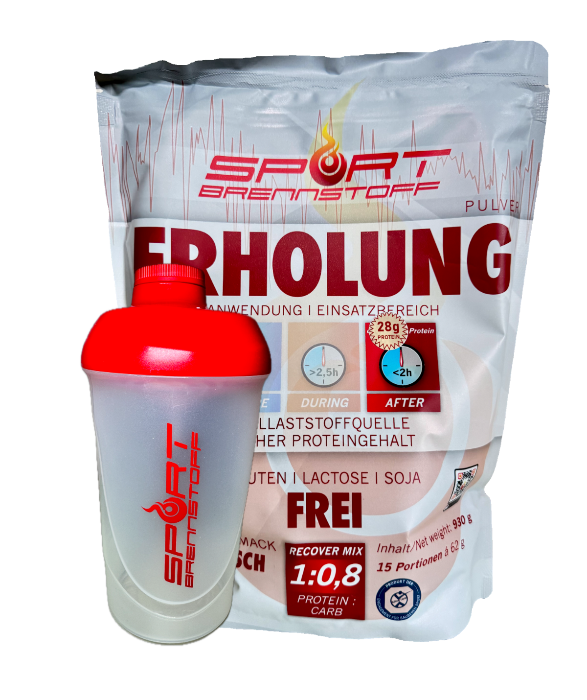 Sportbrennstoff Paket - Belastungspaket kaufen mit Erholungspulver und Shaker für optimale Regeneration nach dem Training. Enthält 1:0,8 Protein-Carb-Mischung.
