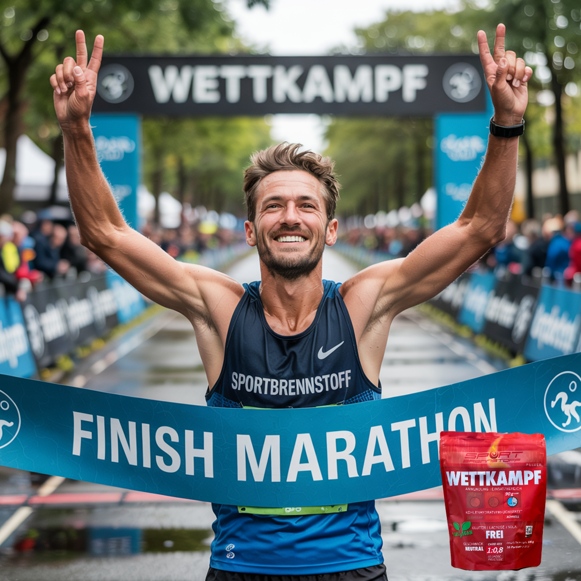 SportBrennstoff Wettkampf - Optimale Energie für Spitzenleistungen: Ein Marathonläufer jubelt beim Zieleinlauf, daneben das Pulverprodukt für Sporternährung. Ideal für intensive Wettkämpfe mit 120g Kohlenhydraten pro Stunde.