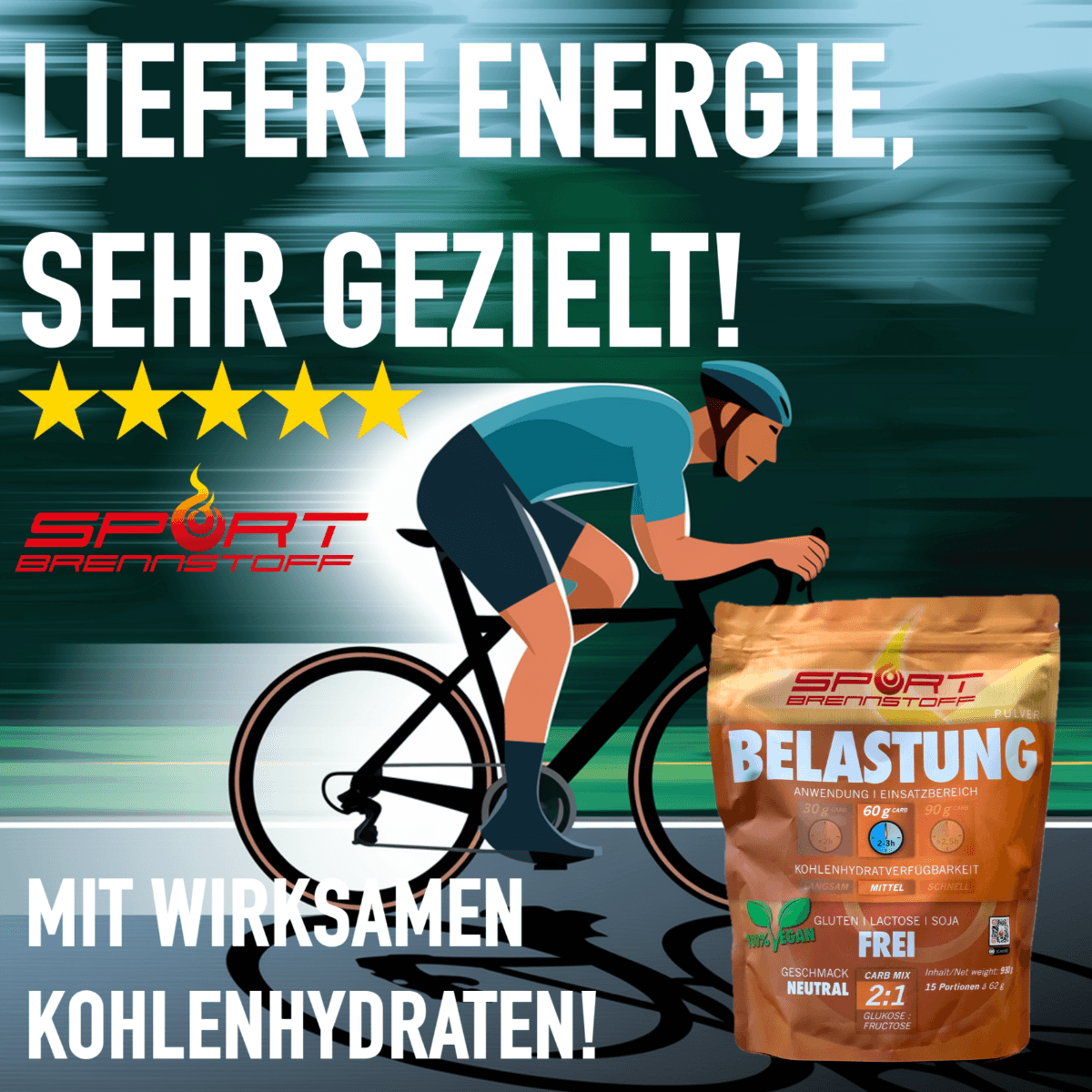 SportBrennstoff BELASTUNG kaufen - Fitnessziele erreichen: Illustration eines Radfahrers mit SportBrennstoff Pulver 'Belastung' für gezielte Energiezufuhr. Ideal für Ausdauersportler im Bereich Fitness & Nutrition.