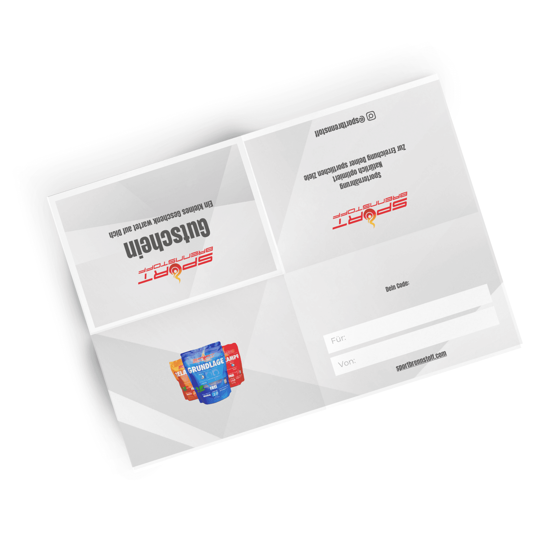 SportBrennstoff GUTSCHEIN – Ideal für Sportler, aufgeklappte Geschenkkarte mit Produktabbildung von Sportnahrung und Platz für persönliche Widmung.
