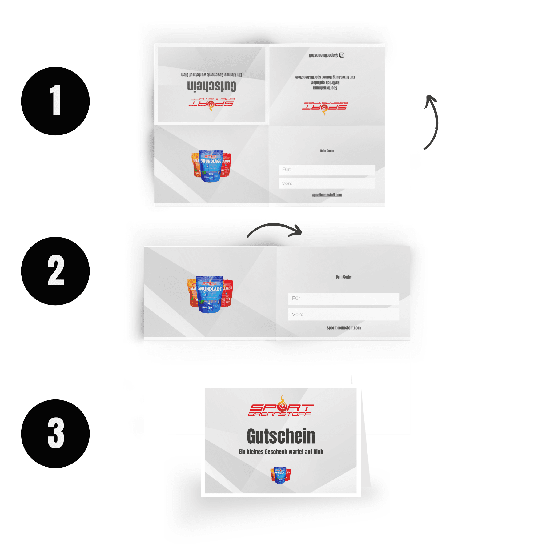 SportBrennstoff GUTSCHEIN – Ideal für Sportler, aufgeklappt mit Eintragfeldern für Namen und Betrag, perfekt als Geschenk für Fitnessfans.