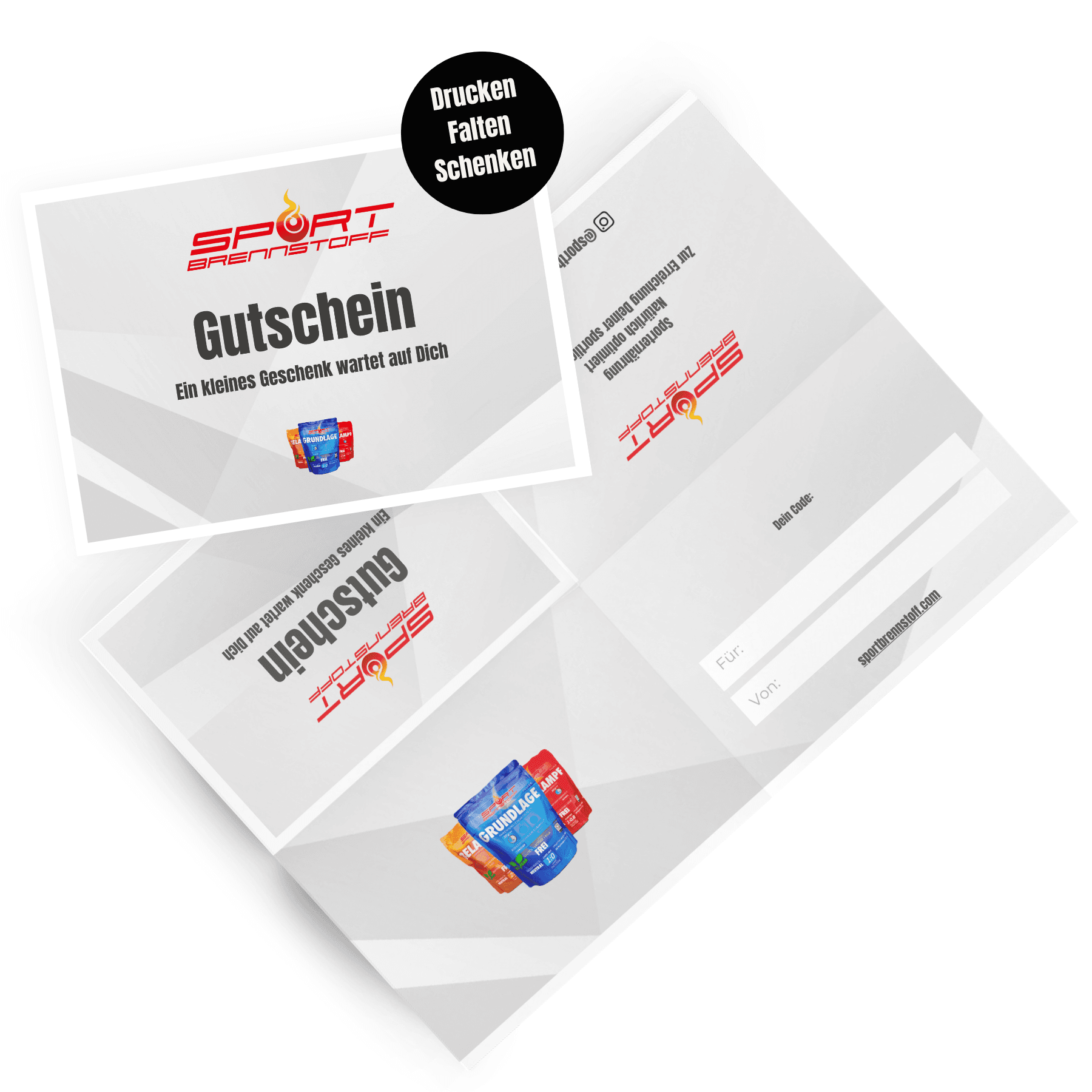 SportBrennstoff GUTSCHEIN – Ideal für Sportler, faltbarer Geschenkgutschein mit sportlichem Design und Produktabbildung, perfekt zum Verschenken.