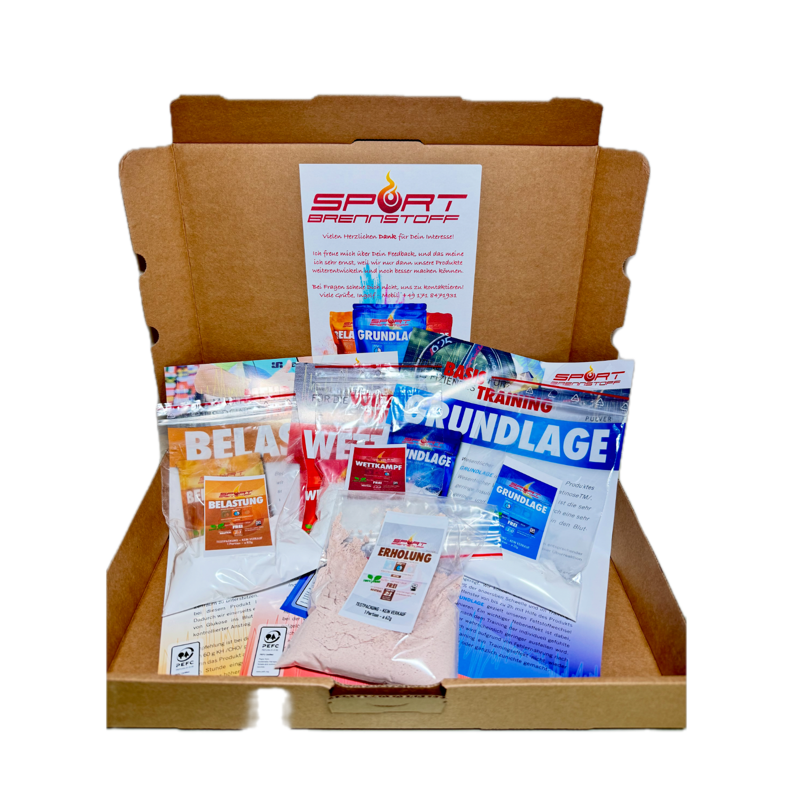SportBrennstoff Probepaket mit Pulver für Grundlage, Belastung und Wettkampf in geöffneter Versandbox. Ideale Sportnahrung zum Testen.
