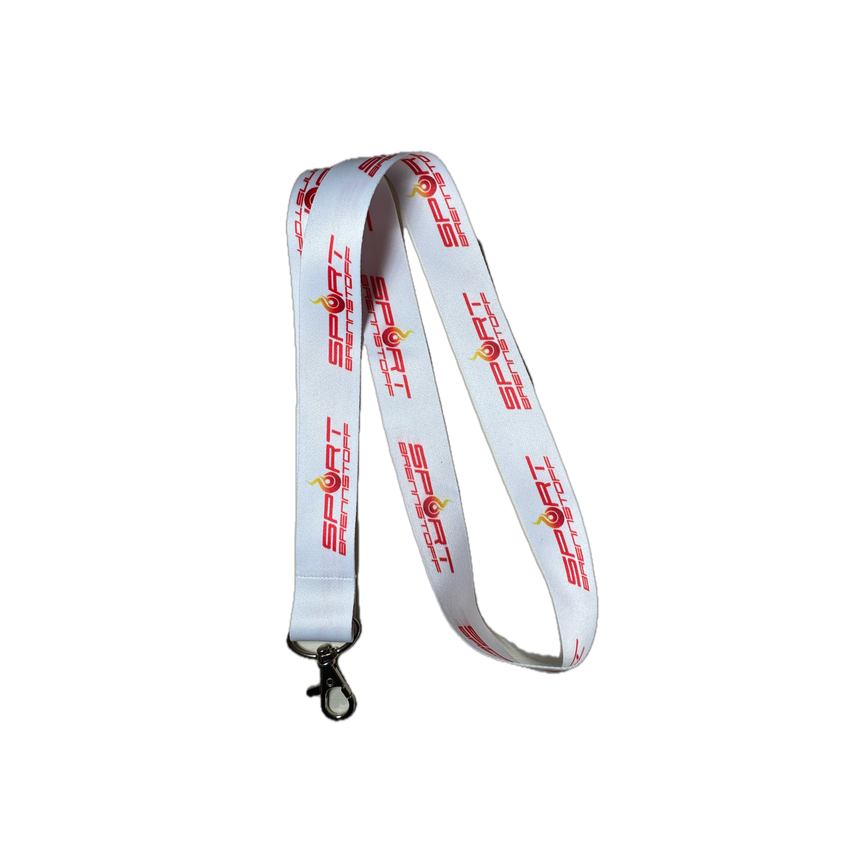 SportBrennstoff Schlüsselband / Lanyard für einen besonderen Auftritt in Weiß mit rotem Logo-Aufdruck und Metallhaken, ideal als Zubehör.