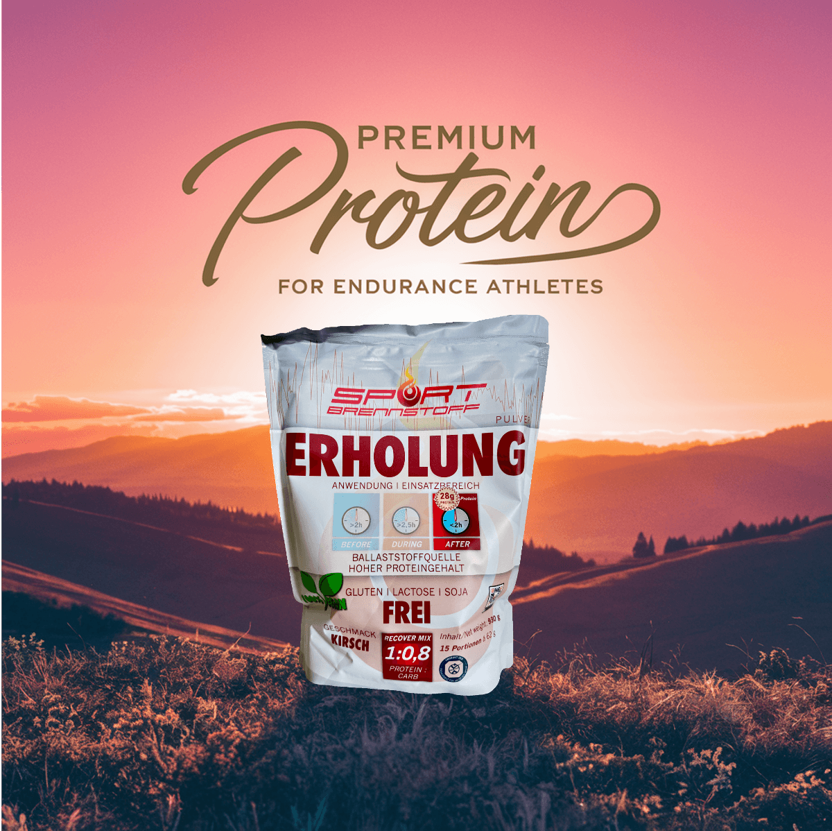 SportBrennstoff Erholung Proteinpulver mit Kirschgeschmack vor Sonnenuntergang in den Bergen – Proteine, Kohlenhydrate und Mineralien für Regeneration.