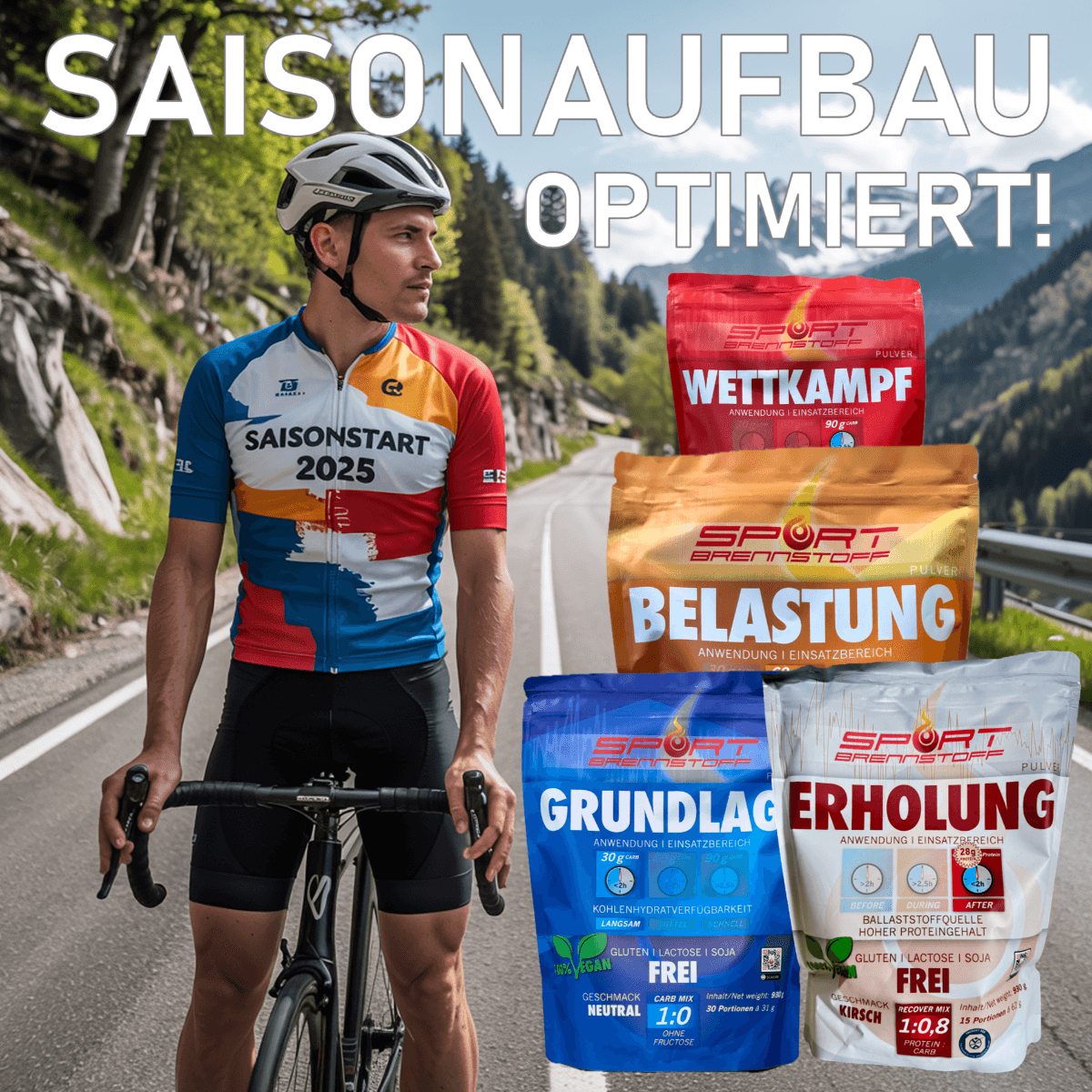 SportBrennstoff Komplettpaket kaufen - Fitnessziele erreichen: Vier abgestimmte Pulverprodukte für Wettkampf, Belastung, Grundlage und Erholung vor Berglandschaft. Ideal für Ausdauersportler im Saisonaufbau.