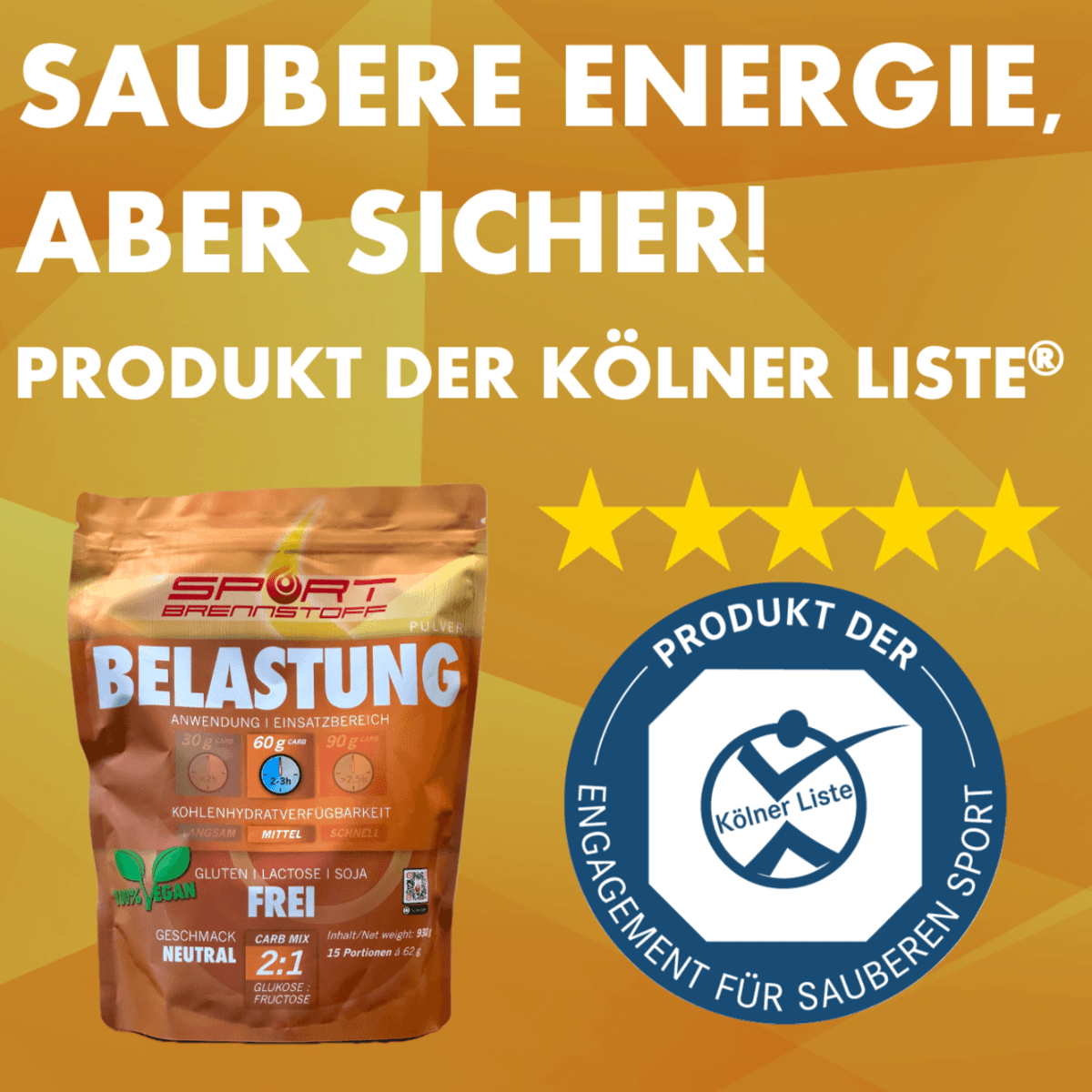 Sportbrennstoff BELASTUNG kaufen: neutrales Pulver für saubere Energie bei Belastung, gelistet auf der Kölner Liste mit 4 Sternen.