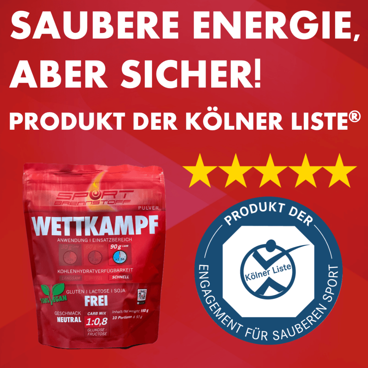 SportBrennstoff WETTKAMPF kaufen - Fitnessziele erreichen: Wettkampf-Pulver mit neutralem Geschmack, vegan, glutenfrei und auf Kölner Liste® geprüft.