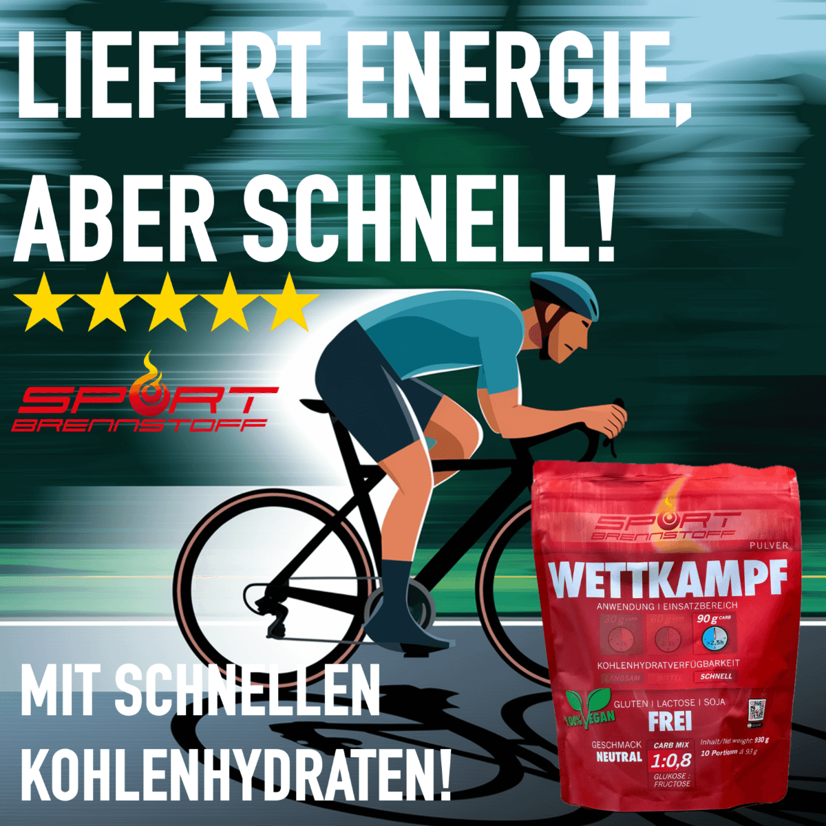 SportBrennstoff WETTKAMPF kaufen - Fitnessziele erreichen: Illustration eines Radfahrers mit SportBrennstoff Wettkampf Pulver für schnelle Energiezufuhr. Ideal für Ausdauersportler mit veganer Rezeptur und schnellen Kohlenhydraten.