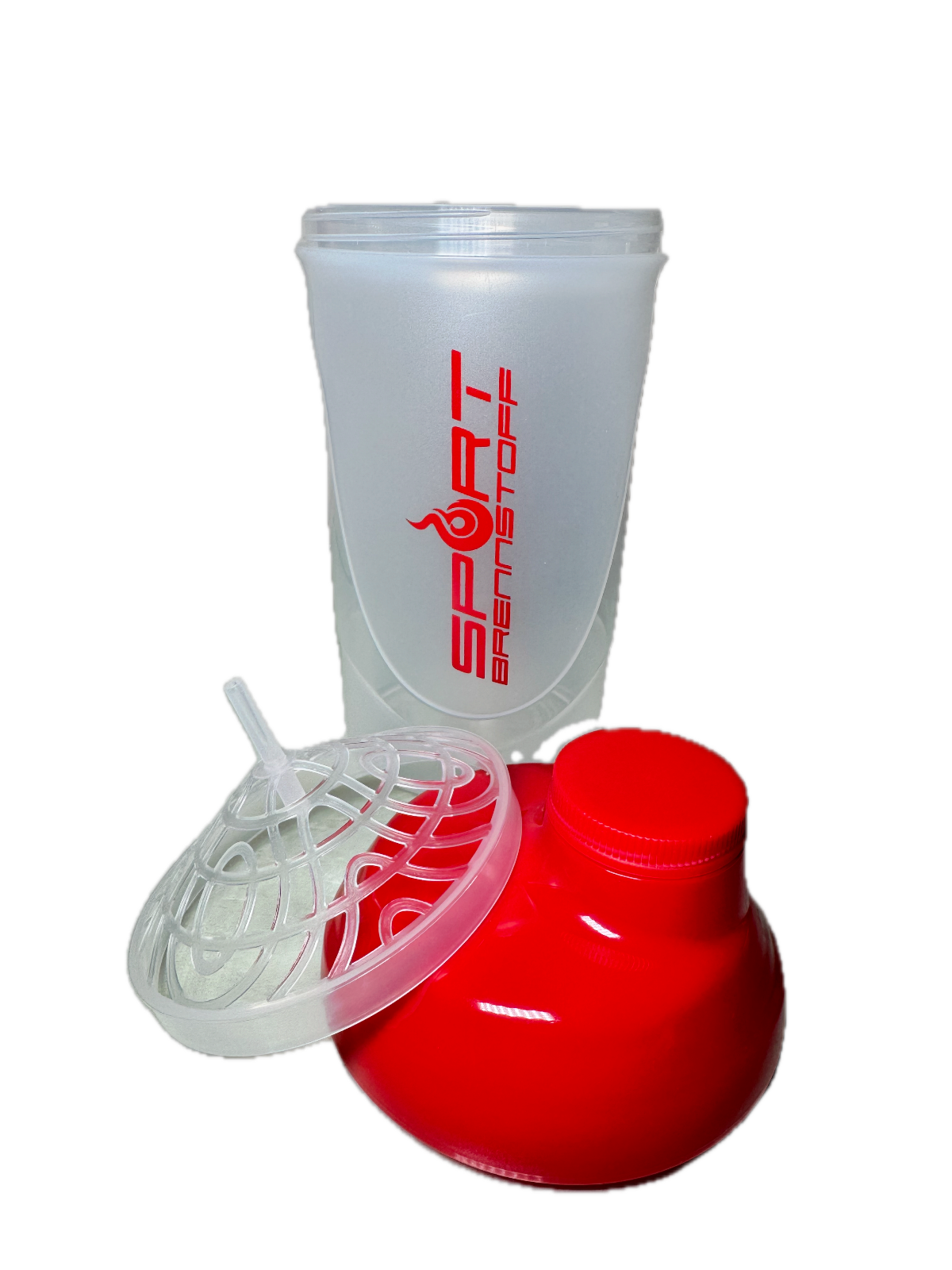 SportBrennstoff SHAKER: Dein perfekter Fitness-Begleiter mit rotem Deckel und Siebeinsatz. Ideal zum Mixen von Proteinshakes und Smoothies.