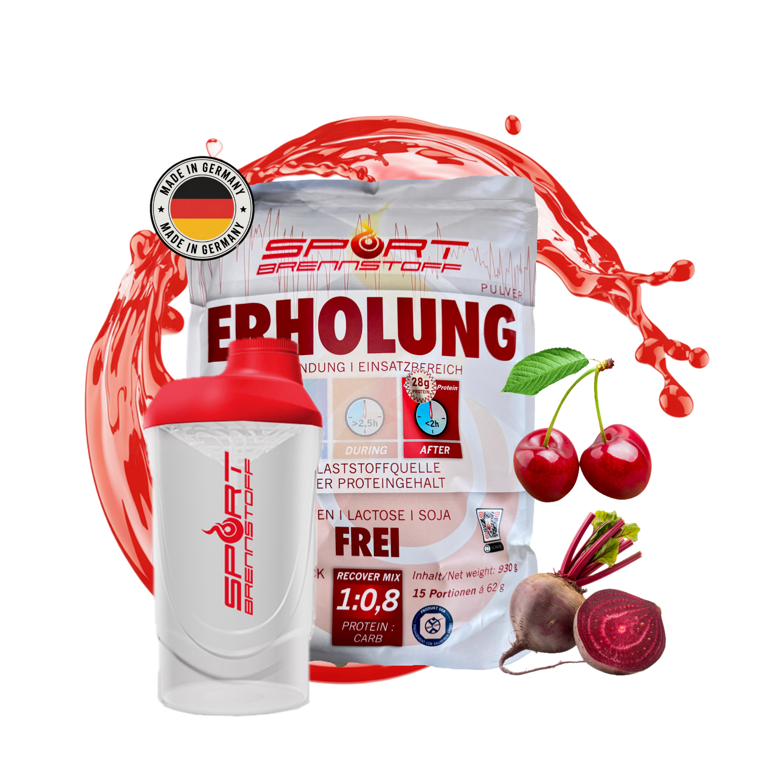 SportBrennstoff Erholung - Proteine, Kohlenhydrate und Mineralien Pulver mit Kirsch- und Rote-Bete-Geschmack für optimale Regeneration nach dem Training.