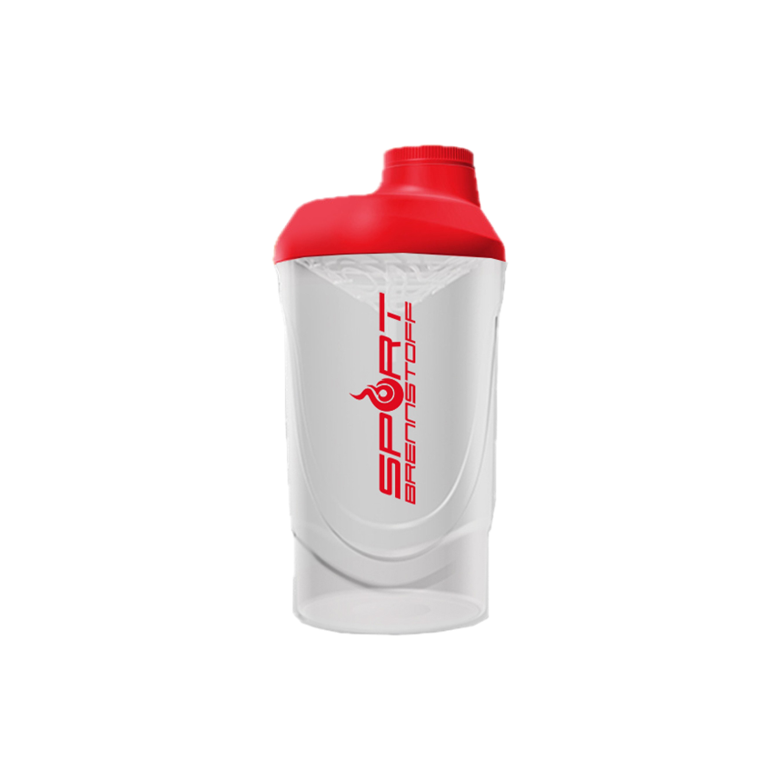 SportBrennstoff SHAKER: Dein perfekter Fitness-Begleiter mit rotem Deckel, ideal zum Mixen von Proteinshakes und Smoothies unterwegs.