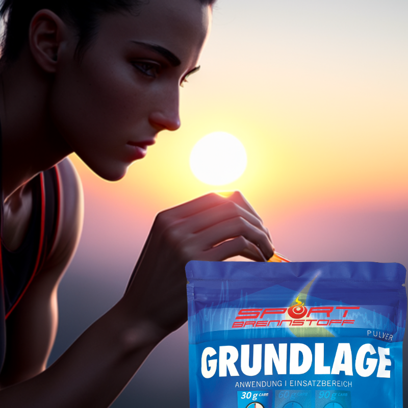 Sportlerin bei Sonnenuntergang mit SportBrennstoff Trainingspaket Pulver Grundlage – Energiepaket für Fitness und Regeneration jetzt kaufen.