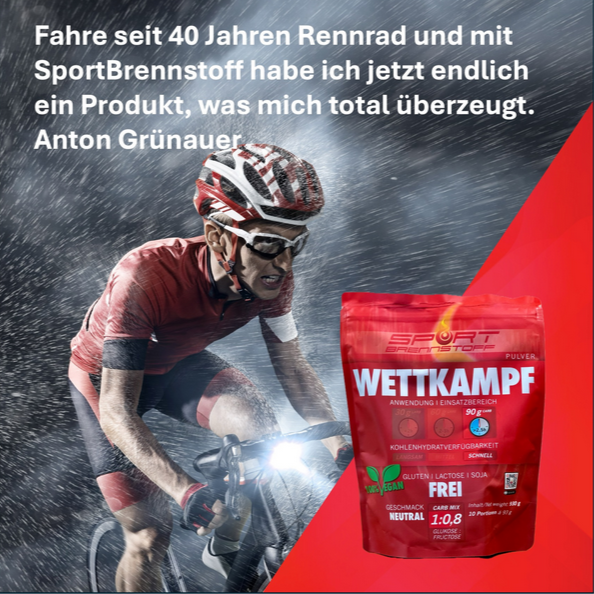 SportBrennstoff Wettkampf Pulver für maximale Energie bei Ausdauersportarten, mit 120g Kohlenhydraten pro Stunde und neutralem Geschmack.