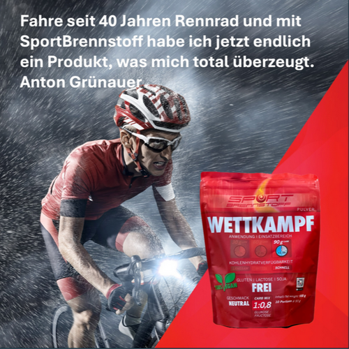 SportBrennstoff Wettkampf Pulver für maximale Energie bei Ausdauersportarten, mit 120g Kohlenhydraten pro Stunde und neutralem Geschmack.