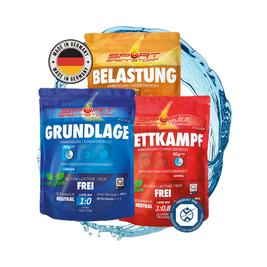 SportBrennstoff Vorteilspaket – Fitness zum Vorteilspreis mit drei Pulvern: Grundlage, Belastung und Wettkampf. Ideal für Sport und Ausdauertraining.