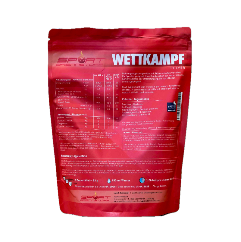 SportBrennstoff Wettkampf Pulver in roter Verpackung mit Nährwerttabelle – optimale Energiequelle für intensive Wettkämpfe im Ausdauersport.