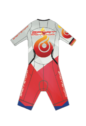 ZOOT Ultra Triathlon-Anzug – Sportbrennstoff ZOOT P1 in Rot-Weiß mit Flammenlogo, aerodynamisches Design für maximale Leistung im Wettkampf.