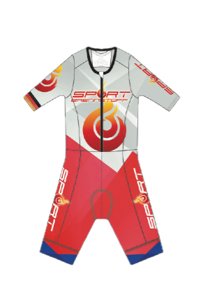 **Alt-Text (auf Deutsch):**  
Triathlon-Einteiler SportBrennstoff ZOOT Ultra Tri P1 in Rot-Grau Design
