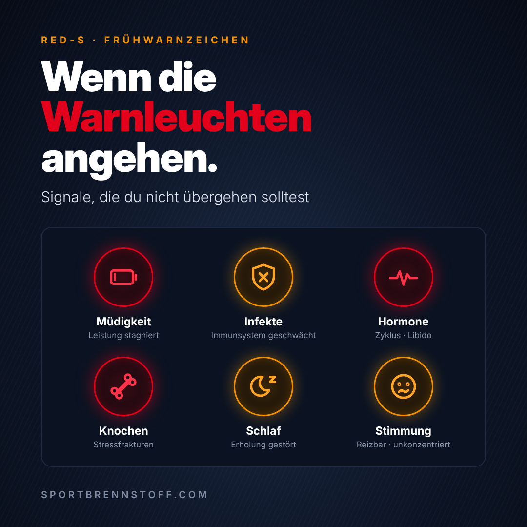 Sechs leuchtende Warnsymbole für die Frühwarnzeichen von RED-S: Müdigkeit, Infekte, Hormone, Knochen, Schlaf und Stimmung