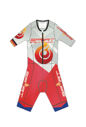 Leistungsstarker Triathlon-Einteiler in Rot-Weiß mit SportBrennstoff-Logo und Flammendesign.
