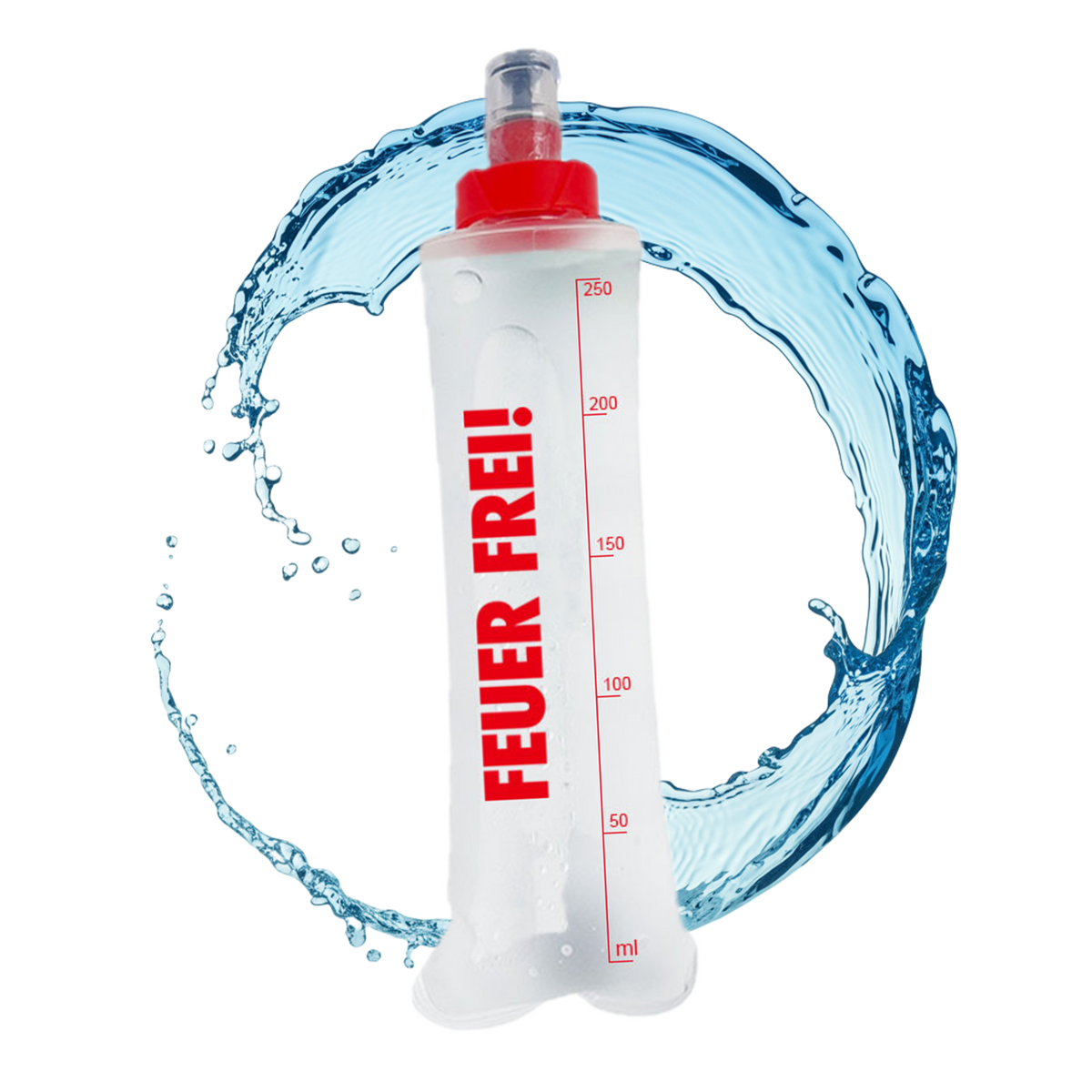 SportBrennstoff BEGLEITER - Trinkflasche mit rotem Verschluss und Aufdruck 'FEUER FREI!', flexibel und tropfsicher für Outdoor-Aktivitäten.