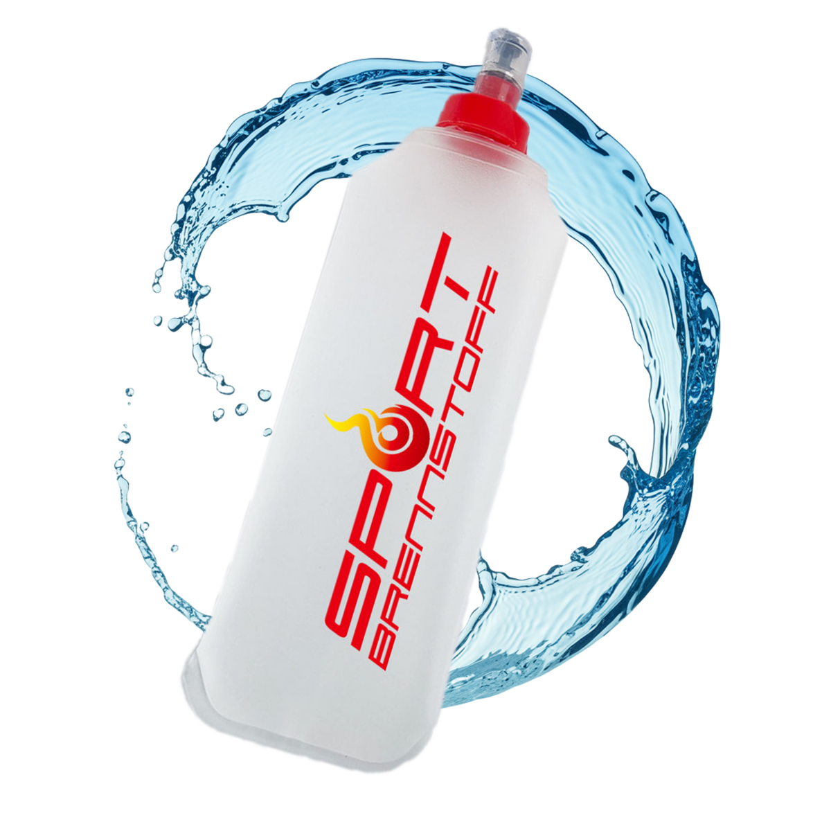 SportBrennstoff BEGLEITER - Trinkflasche mit rotem Verschluss, flexibel und tropfsicher, ideal für Outdoor-Aktivitäten und Radsport.