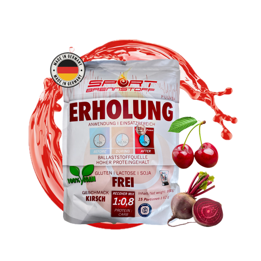 SportBrennstoff Erholung Proteinpulver Kirschgeschmack mit Proteinen, Kohlenhydraten und Mineralien für optimale Regeneration nach dem Training.