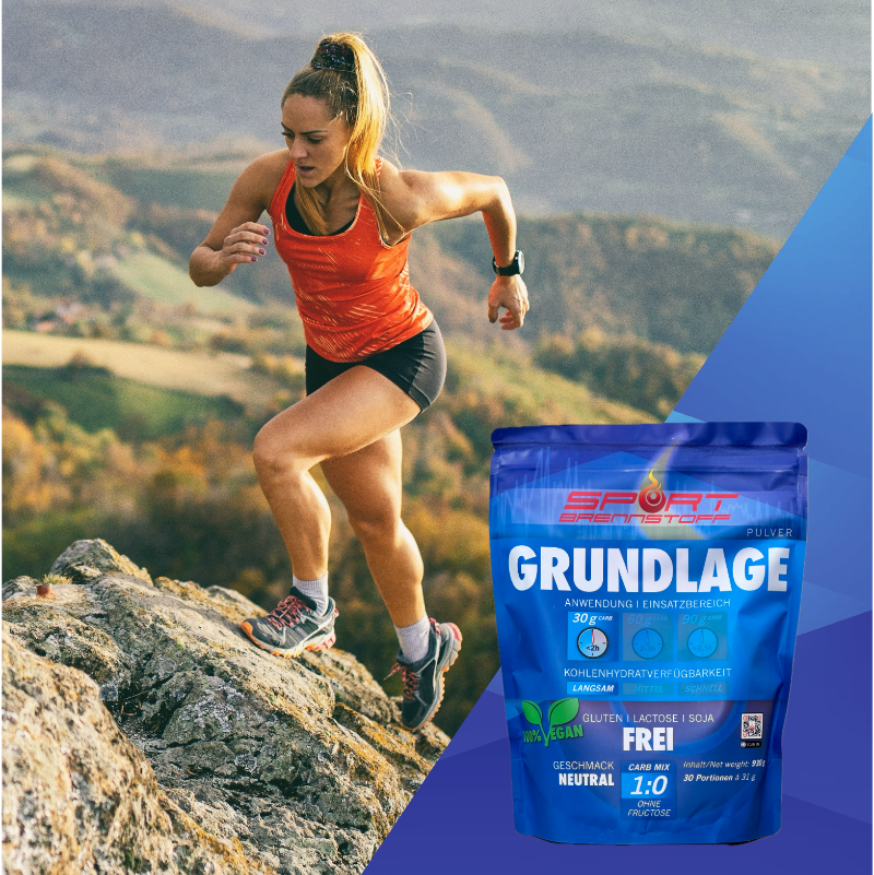 SportBrennstoff Grundlage Pulver für Grundlagentraining mit veganer Formel und SSSC-Technologie zur nachhaltigen Energieversorgung beim Sport.
