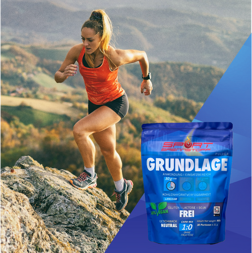 SportBrennstoff Grundlage Pulver für Grundlagentraining mit veganer Formel und SSSC-Technologie zur nachhaltigen Energieversorgung beim Sport.