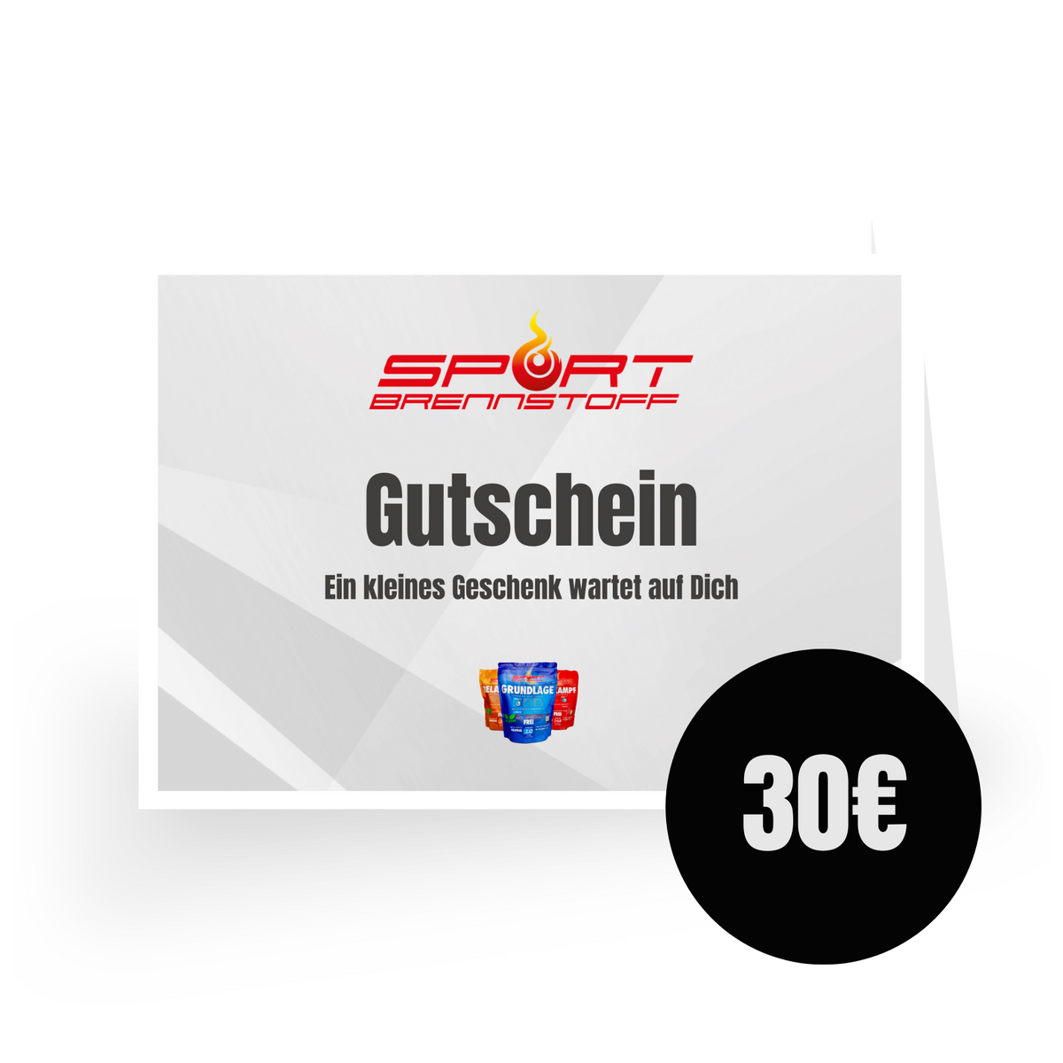 SportBrennstoff GUTSCHEIN – Ideal für Sportler im Wert von 30€, perfekt als Geschenk für Sportnahrung, Flaschen und Zubehör. Motiv mit Logo und Produktabbildung.