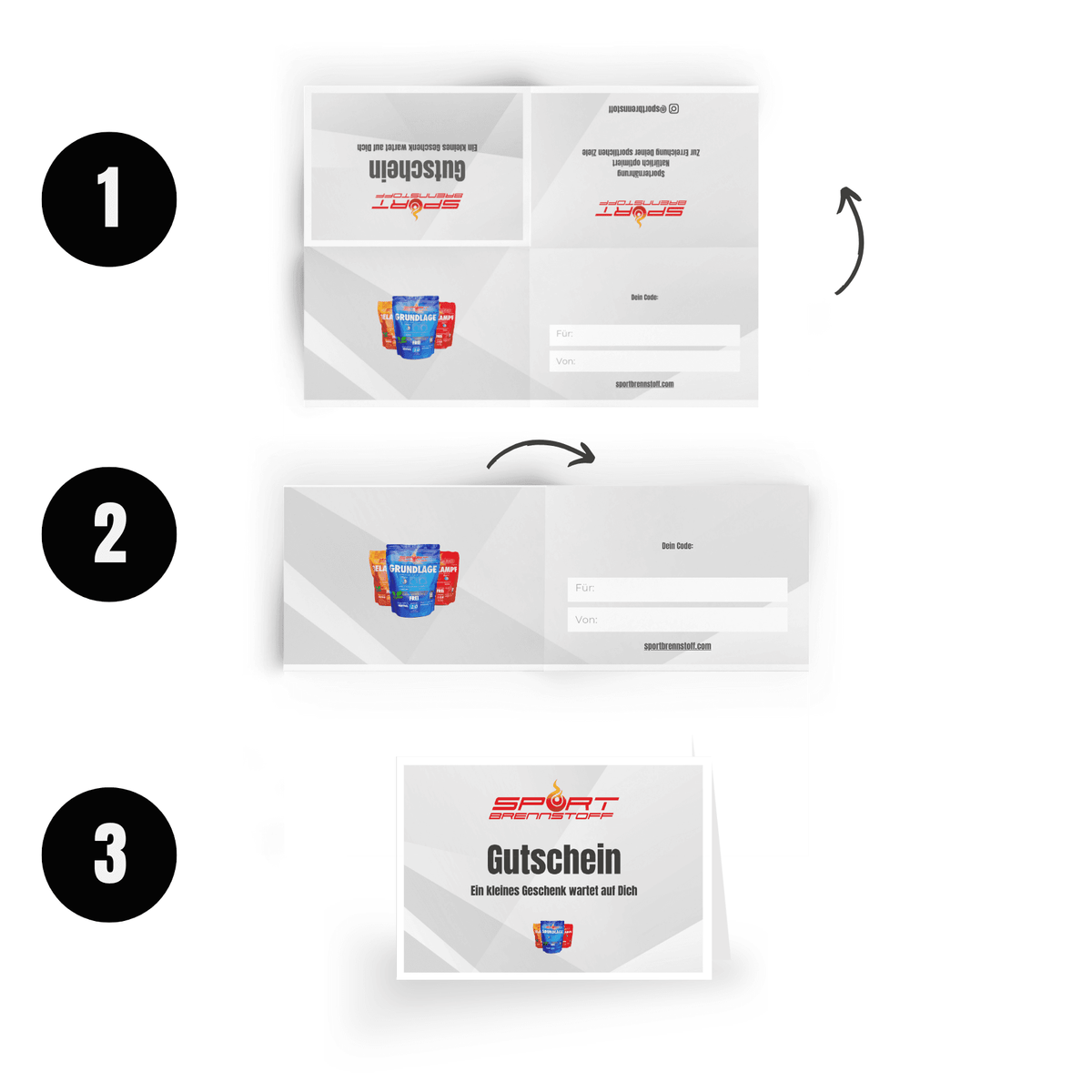 SportBrennstoff GUTSCHEIN – Ideal für Sportler, aufgeklappt mit Eintragfeldern für Namen und Betrag, perfekt als Geschenk für Fitnessfans.